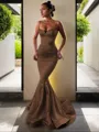 Trumpet/Mermaid V-Neck Sleeveless Sweep Train Flair Silk like Satin Corset Dress