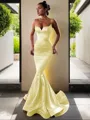 Trumpet/Mermaid V-Neck Sleeveless Sweep Train Flair Silk like Satin Corset Dress