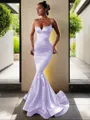 Trumpet/Mermaid V-Neck Sleeveless Sweep Train Flair Silk like Satin Corset Dress