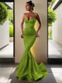 Trumpet/Mermaid V-Neck Sleeveless Sweep Train Flair Silk like Satin Corset Dress