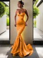 Trumpet/Mermaid V-Neck Sleeveless Sweep Train Flair Silk like Satin Corset Dress