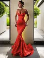 Trumpet/Mermaid V-Neck Sleeveless Sweep Train Flair Silk like Satin Corset Dress