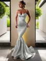 Trumpet/Mermaid V-Neck Sleeveless Sweep Train Flair Silk like Satin Corset Dress
