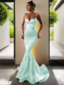 Trumpet/Mermaid V-Neck Sleeveless Sweep Train Flair Silk like Satin Corset Dress
