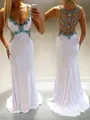 A-line V-Neck Fashion Sleeveless Sweep Train Jersey Dress With Beading
