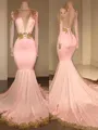 Trumpet/Mermaid V-Neck Long Sleeves Court Train Glamorous Silk like Satin Dress With Applique