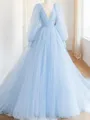 A-line Princess V-Neck Long Sleeves Sweep Train Tulle Chic Dress