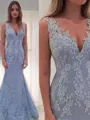 Trumpet/Mermaid V-Neck Sleeveless Dramatic Sweep Train Lace Dress With Applique