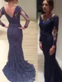 Trumpet/Mermaid V-Neck Long Sleeves Sensual Sweep Train Lace Dress With Applique