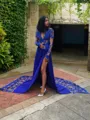 A-line V-Neck Long Sleeves Court Train Lace Glam Dress With Applique