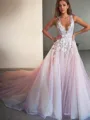 A-line Princess V-Neck Sleeveless Sweep Train Fashion Tulle Dress With Applique