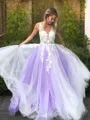 A-line Princess V-Neck Stylish Sleeveless Sweep Train Tulle Dress