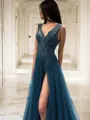 A-line Princess V-Neck Sleeveless Floor-Length Fashion Tulle Dress With Applique