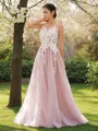 A-line Princess Jewel Sleeveless Floor-Length Feminine Tulle Dress With Applique