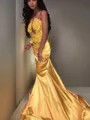 Trumpet/Mermaid Striking Strapless Sleeveless Court Train Satin Dress With Applique