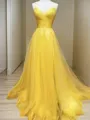 A-line Princess Timeless V-Neck Sleeveless Sweep Train Tulle Dress