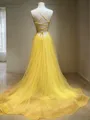 A-line Princess Timeless V-Neck Sleeveless Sweep Train Tulle Dress