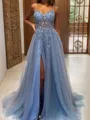 A-line Princess V-Neck Charming Sleeveless Sweep Train Tulle Corset Dress With Slit