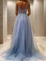A-line Princess V-Neck Charming Sleeveless Sweep Train Tulle Corset Dress With Slit