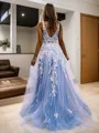 A-line Princess V-Neck Sleeveless Sweep Train Exquisite Tulle Dress With Slit