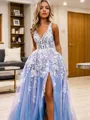 A-line Princess V-Neck Sleeveless Sweep Train Exquisite Tulle Dress With Slit