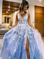 A-line Princess V-Neck Sleeveless Sweep Train Exquisite Tulle Dress With Slit