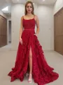 A-line Princess Dreamy Spaghetti Straps Sleeveless Court Train Tulle Dress With Slit