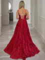 A-line Princess Dreamy Spaghetti Straps Sleeveless Court Train Tulle Dress With Slit