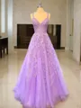A-line Princess V-Neck Sleeveless Glam Sweep Train Tulle Dress