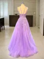 A-line Princess V-Neck Sleeveless Glam Sweep Train Tulle Dress