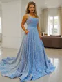 A-line Dazzling Straps Sleeveless Court Train Velvet Sequins Dress
