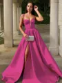 A-line Spaghetti Straps Sleeveless Sweep Train Satin Chic Dress