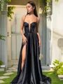 A-line Spaghetti Straps Sleeveless Sweep Train Satin Chic Dress