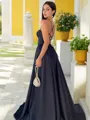 A-line Spaghetti Straps Sleeveless Sweep Train Satin Chic Dress