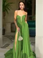 A-line Spaghetti Straps Sleeveless Sweep Train Satin Chic Dress