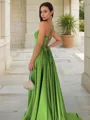A-line Spaghetti Straps Sleeveless Sweep Train Satin Chic Dress