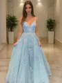 A-line Princess V-Neck Sleeveless Sweep Train Tulle Feminine Dress