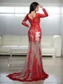 Trumpet/Mermaid V-Neck Long Sleeves Sweep Train Lace Flair Dress With Applique