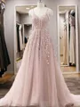 A-line Princess Modest V-Neck Sleeveless Sweep Train Tulle Dress
