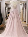 A-line Princess Modest V-Neck Sleeveless Sweep Train Tulle Dress