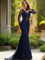 Trumpet/Mermaid V-Neck Graceful Long Sleeves Sweep Train Lace Dress With Applique