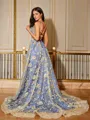 A-line V-Neck Stunning Sleeveless Court Train Satin Dresses