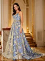 A-line V-Neck Stunning Sleeveless Court Train Satin Dresses
