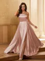 A-line Spaghetti Straps Fashion Sleeveless Sweep Train Silk like Satin Dresses