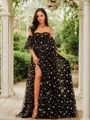 A-line Spaghetti Straps Dreamy Short Sleeves Court Train Lace Dresses