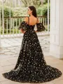 A-line Spaghetti Straps Dreamy Short Sleeves Court Train Lace Dresses