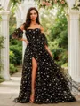 A-line Spaghetti Straps Dreamy Short Sleeves Court Train Lace Dresses