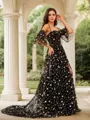 A-line Spaghetti Straps Dreamy Short Sleeves Court Train Lace Dresses