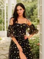 A-line Spaghetti Straps Dreamy Short Sleeves Court Train Lace Dresses