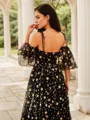 A-line Spaghetti Straps Dreamy Short Sleeves Court Train Lace Dresses